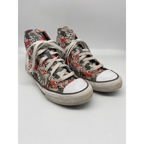 Chuck Taylor‎ Converse Sneakers Junior Sz 5 High Top Dinosaur Print Gray /Red - Picture 2 of 12